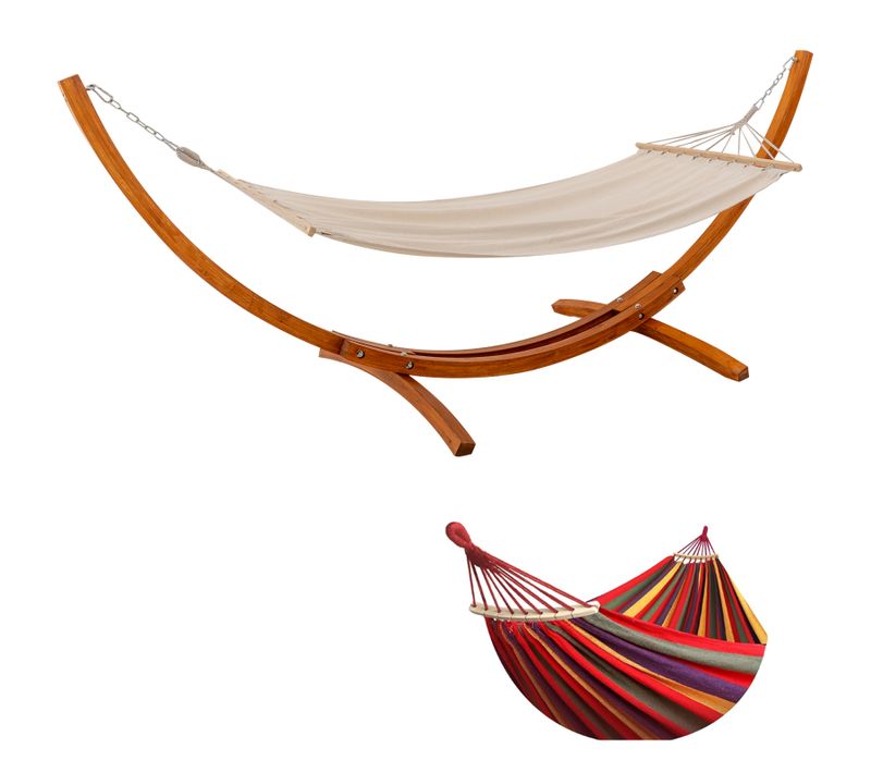 Hamac sur Pied, 2 Hamacs Inclus (Blanc + Rouge), Supporte 200 kg, Support en Bois 320×120×120 cm