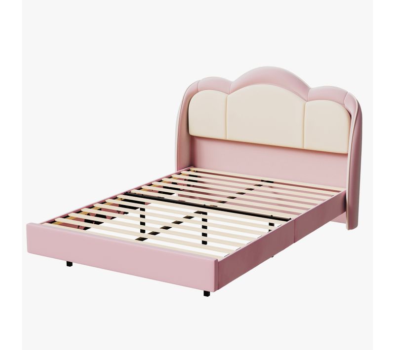 Lit Enfant 140×200 cm avec lampe LED Musicale, lit Flottant, tête De Lit Nuage, solide, lit rose