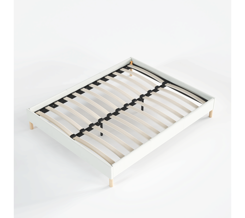 Sommier 140x190 Cm, Tissu Blanc Crème, Pieds En Bois