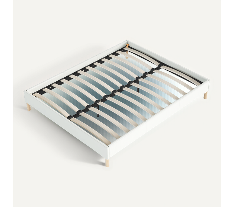Sommier 160x200 Cm, Tissu Blanc Crème, Pieds En Bois