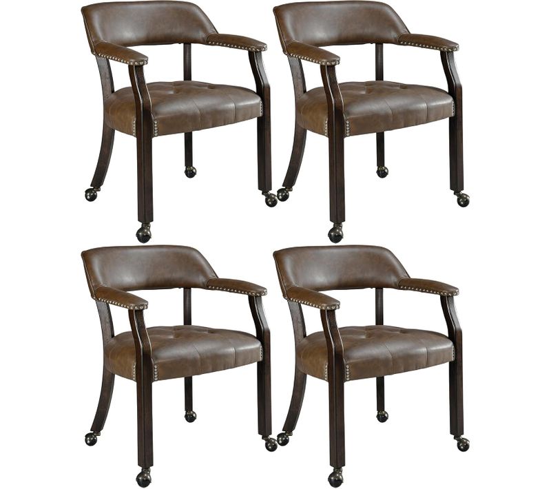 Lot De 4 Chaises De Table Game Poker Roulettes Grandes Fauteuil Vintage Rembourré Brun Foncé