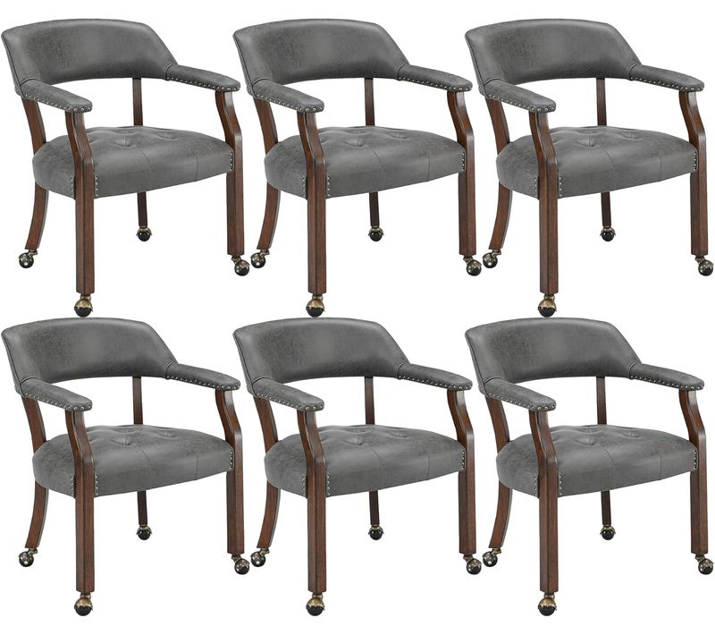 Lot De 6 Chaises De Table Game Poker Roulettes Grandes Fauteuil Vintage Rembourré Gris