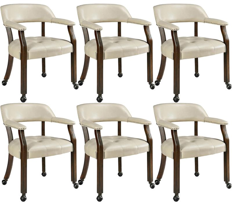 Lot De 6 Chaises De Table Game Poker Roulettes Grandes Fauteuil Vintage Rembourré Beige Clair