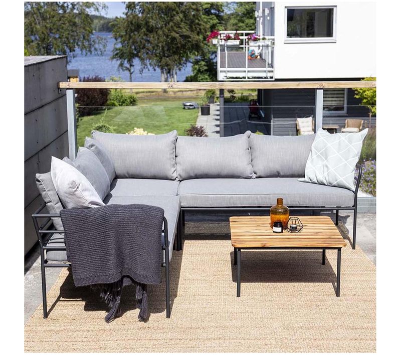 Canapé D'angle Et Table Basse De Jardin En Acier Et Acacia Penh