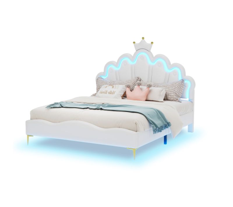 Lit Pour Enfant 140x200 Cm, Lit Double Plat, Lit De Princesse En Forme De Couronne, Blanc