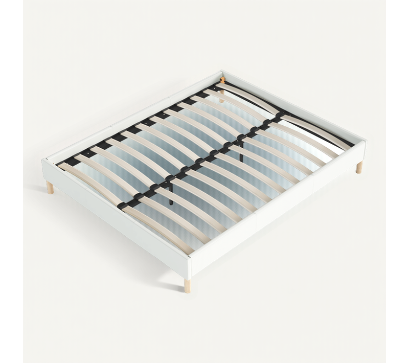 Sommier 140x200 cm, Tissu blanc crème, Pieds en bois