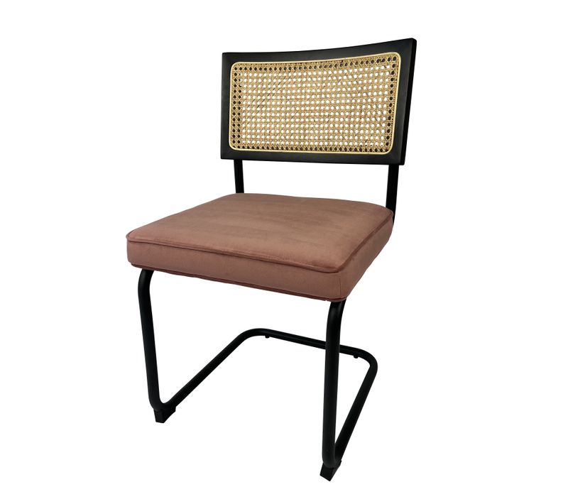 Chaise Cannage En Canne De Rotin, Cadre En Bois Noir, Assise En Velours Rose, Pied En Métal Noir