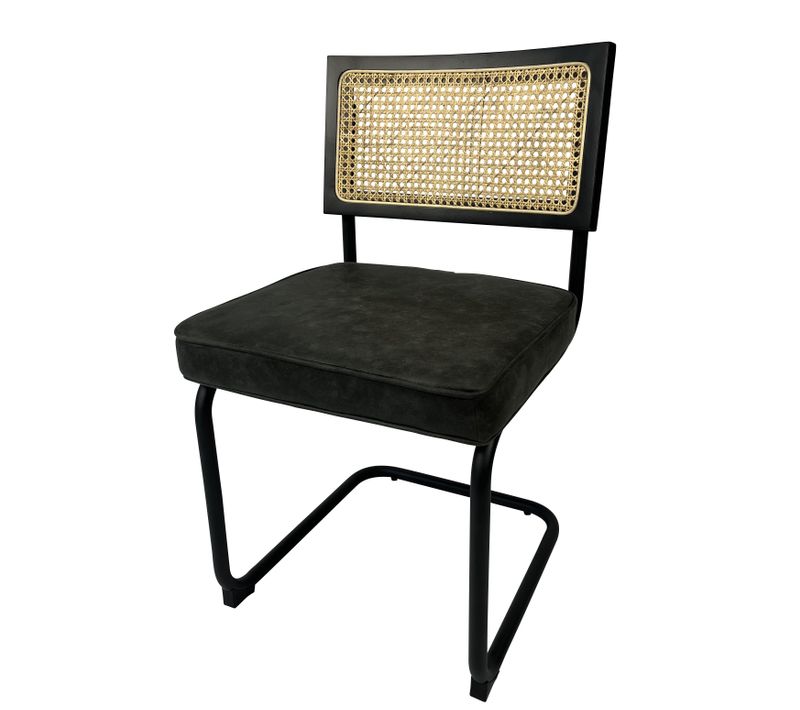 Chaise Cannage En Canne De Rotin, Cadre En Bois Noir, Assise En Simili Cuir Gris, Pied En Métal Noir