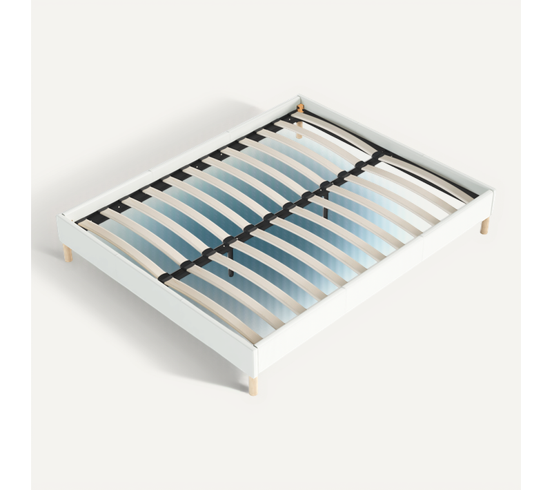 Sommier 120x190 Cm, Tissu Blanc Crème, Pieds En Bois