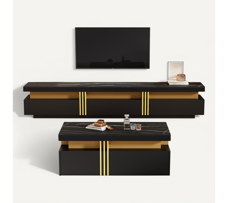 Ensemble Mural TV Noir Mdf Avec Meuble Bas Table Basse Design Multifonction Salon