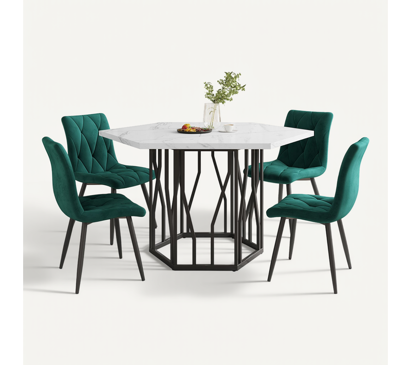 Ensemble Table Et Chaises (5 Pièces), Table Marbre Hexagonale, 4 Chaises Velours Vert, Vert