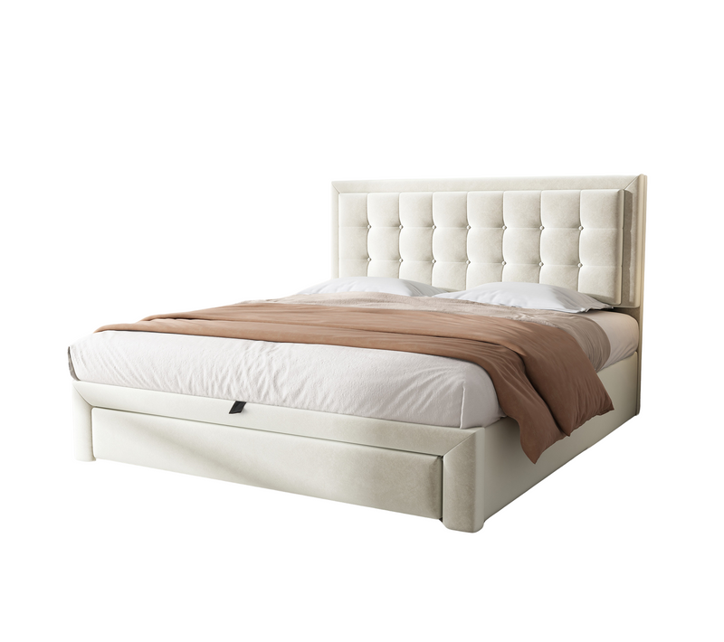 Lit Rembourré En Velours 140x190 Cm Avec Sommier à Lattes 2 Tiroirs Rangement, Beige