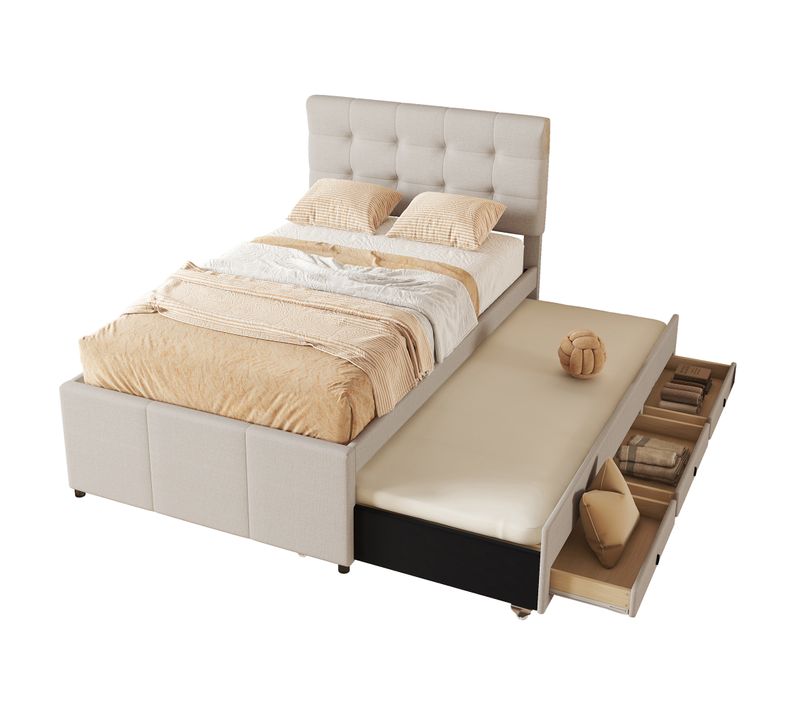 Lit Rembourré En Tissu 90 X 200 Cm, Familial, Avec 3 Tiroirs Et Lit Gigogne, Tête Réglable, Beige