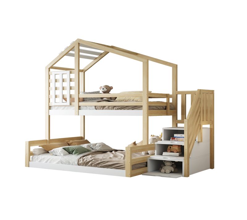 Lit Superposé 90x200cm En Bois De Pin, Lit Avec Fenêtre Et Étagère, Naturel
