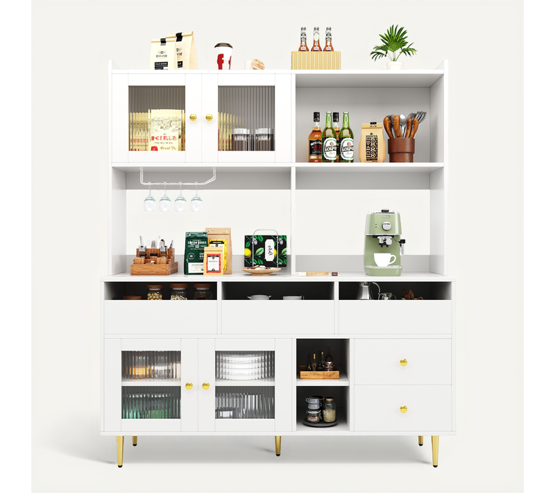 Armoire Haute De Restaurant En Bois 145x39x171 Cm Avec Porte En Verre, étagère à Vin, Blanc Et Or