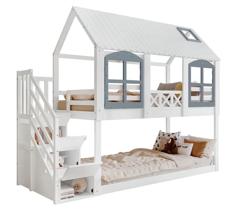 Lit Superposé 90x200cm Avec Toit, Fenêtres Et Protection, Étagère Dans L'escalier, Blanc Et Gris