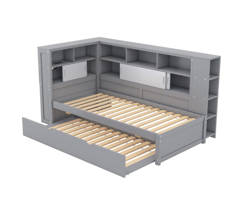 Lit De Jour 90x200 Cm, Lit Enfant, Lit Extensible, Rangement, USB, Panneaux, Gris