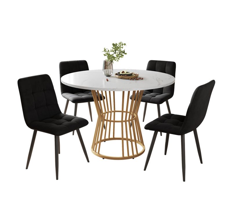 Ensemble Table Ronde (5 Pièces), 100 Cm, Pieds Métalliques Dorés, Chaises Velours Noir, Noir