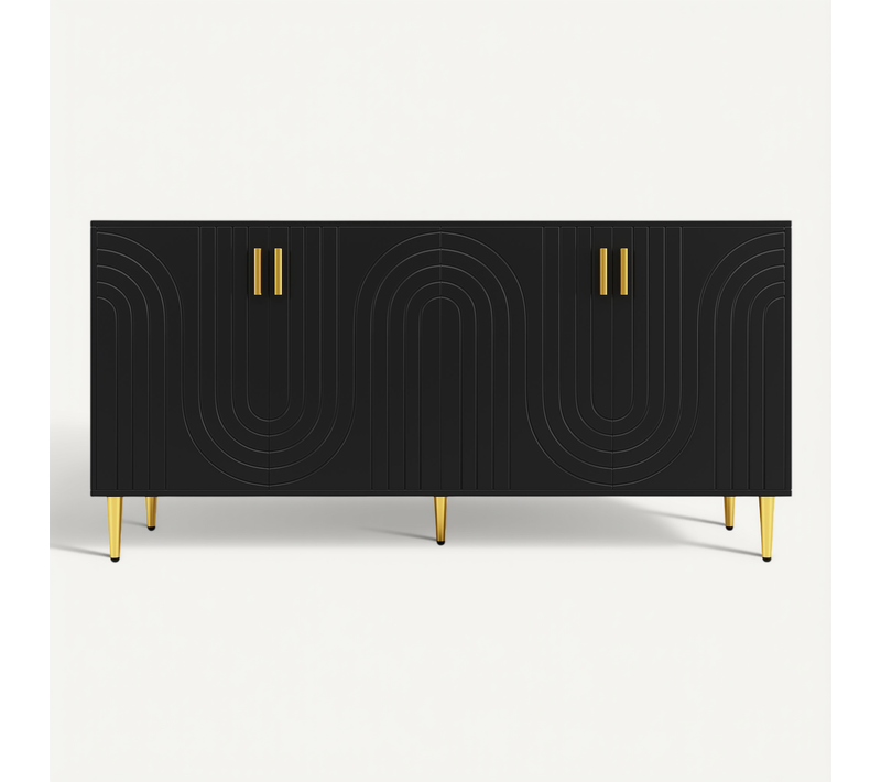 Buffet Noir 152x40x75 Cm Avec Design Ondulé, Poignées Et Pieds Dorés, Pour Salle à Manger