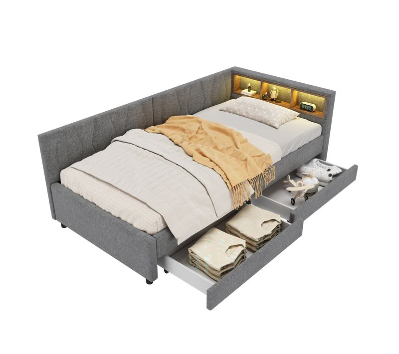 Lit De Jour 90*200 Cm, Canapé-lit, Rangement, USB, Télécommande LED, Sommier, Gris