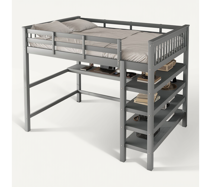 Lit Mezzanine 140x200 Cm Avec étagères Et Bureau Sous Le Lit, Sans Matelas, Gris