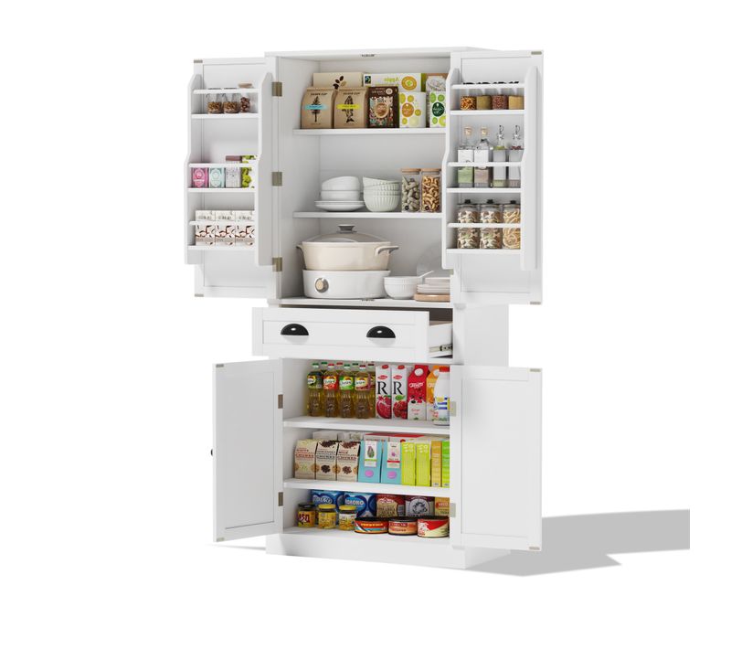 Armoire De Rangement, Bois, 4 Portes, 1 Tiroir, 6 Compartiments, 4 Étagères Réglables, Blanc