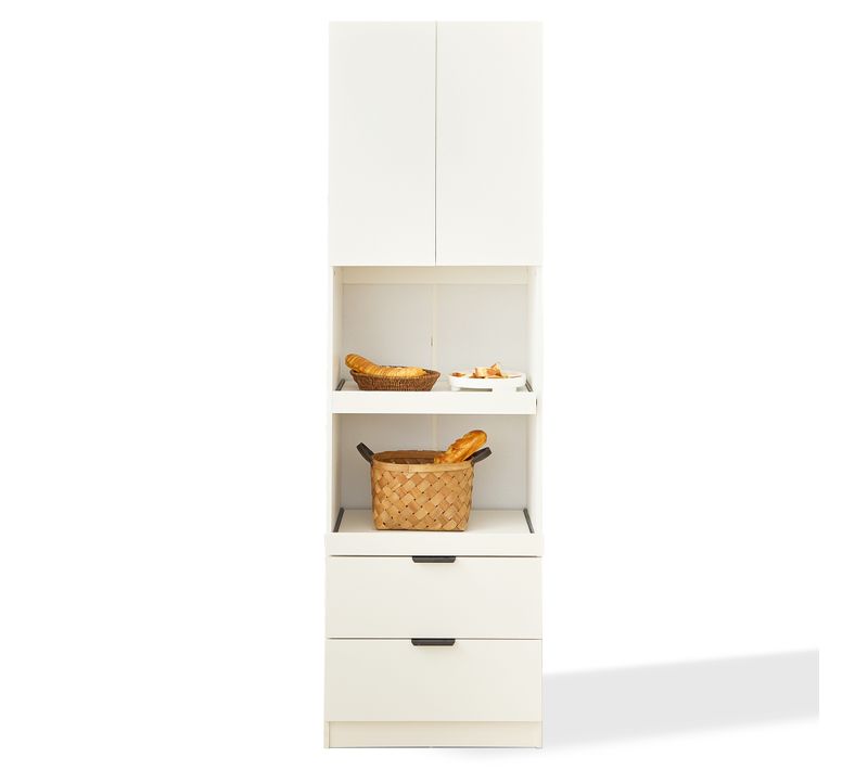 Armoire Haute Bois 200x40x80 Cm Avec Tiroirs, Portes, étagères, étagère Micro-ondes, Blanc