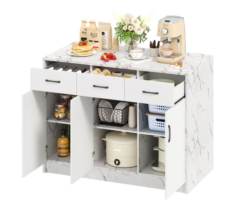 Îlot De Cuisine En Mdf 120×60×90,5 Cm 3 Tiroirs 3 Portes Étagères Réglables, Blanc Marbré
