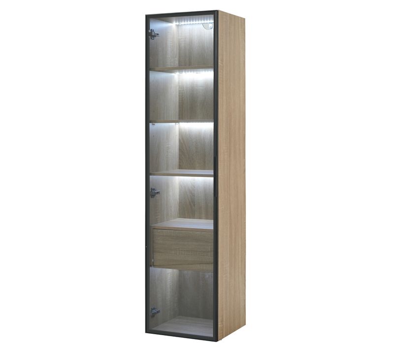 Meuble De Salle De Bain, Bois, Avec Bande Lumineuse, 40 Cm, 1 Tiroir Grand, 1 Porte Vitrée