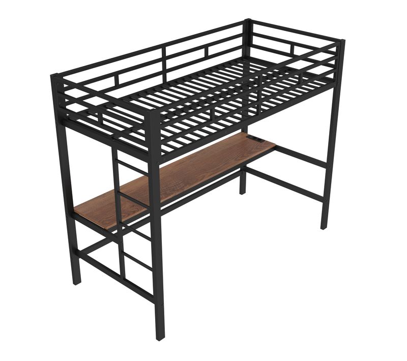 Lit Mezzanine Métal 90x200 Cm Avec Bureau LED USB Applique Contrôlée Appli Mobile Noir