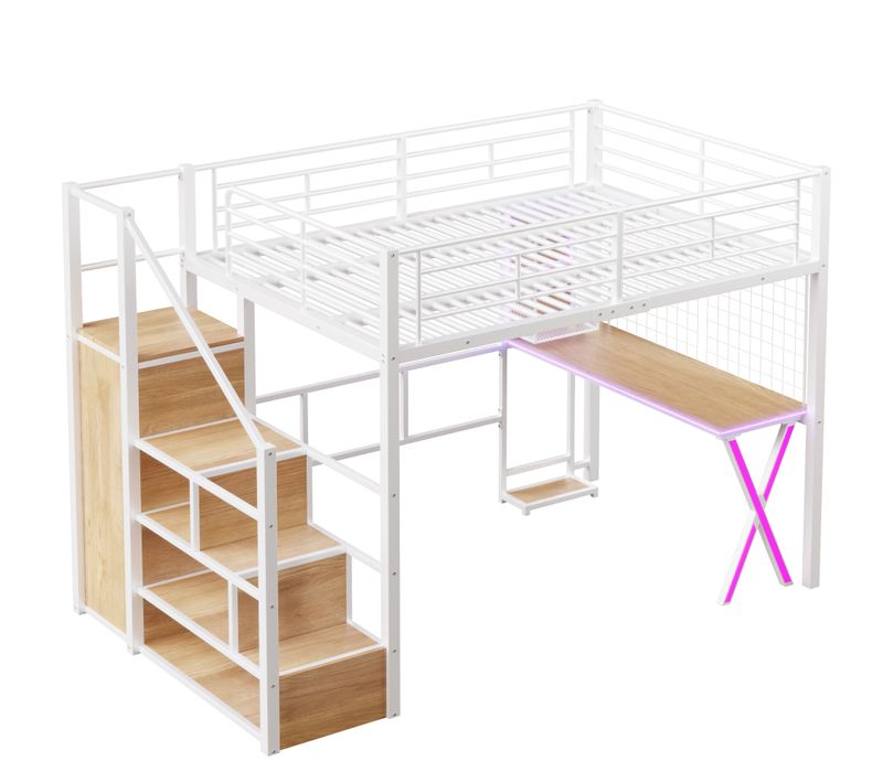 Lit Mezzanine Métal 140x200 Cm Avec Bureau Armoire Étagères LED Échelle Étagère Blanc