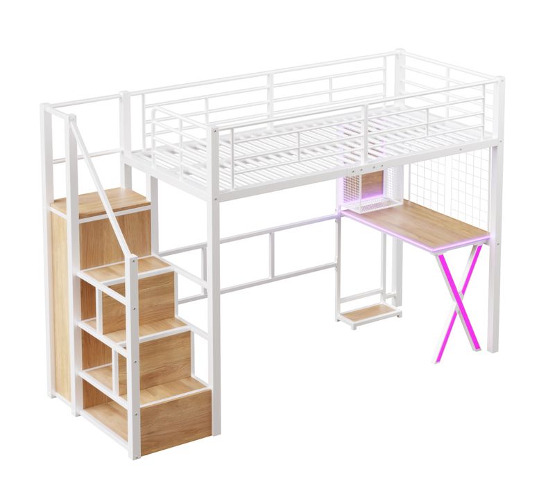 Lit Mezzanine Métal 90x200 Cm Avec Bureau Armoire étagères LED échelle étagère Blanc