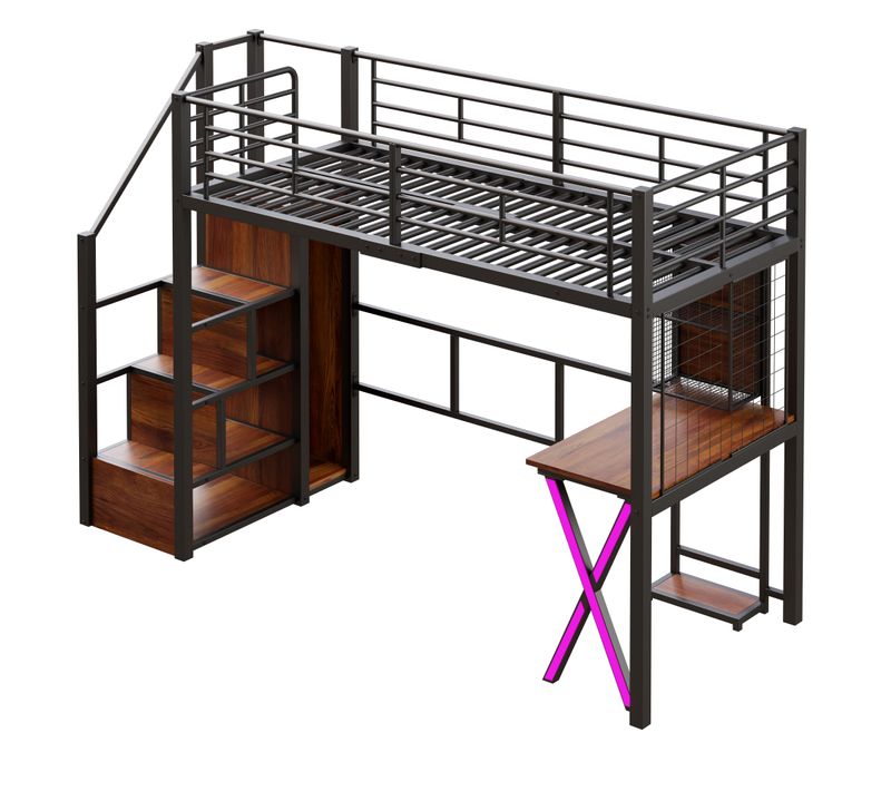Lit Mezzanine Métal 90x200 Cm Avec Bureau Armoire étagères LED échelle étagère Noir