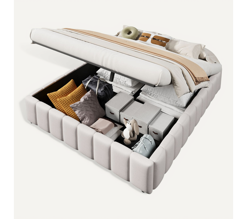 Lit Polster, Sans Tête De Lit, Avec Rangement Hydraulique, Beige, 140x200cm