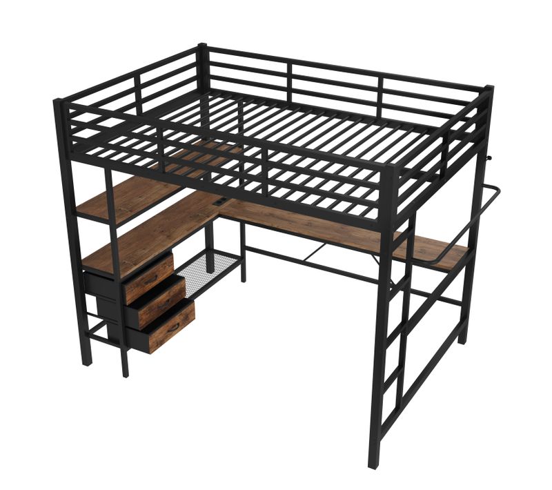 Lit Mezzanine Métal 140x200 Cm Avec Bureau Étagères LED USB 3 Tiroirs Rampe Escalier Noir