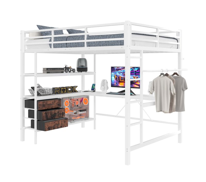 Lit Mezzanine Métal 140x200 Cm Avec Bureau Étagères LED USB 3 Tiroirs Rampe Escalier Blanc