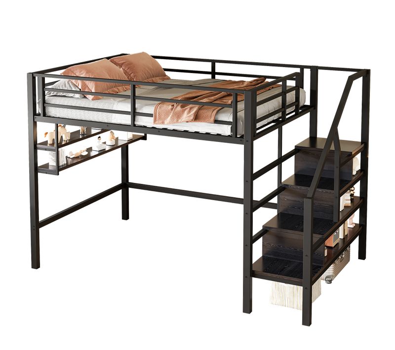 Lit Mezzanine Bois 140x200 Cm Avec Étagères Escalier Espace Dressing Rampe Noir