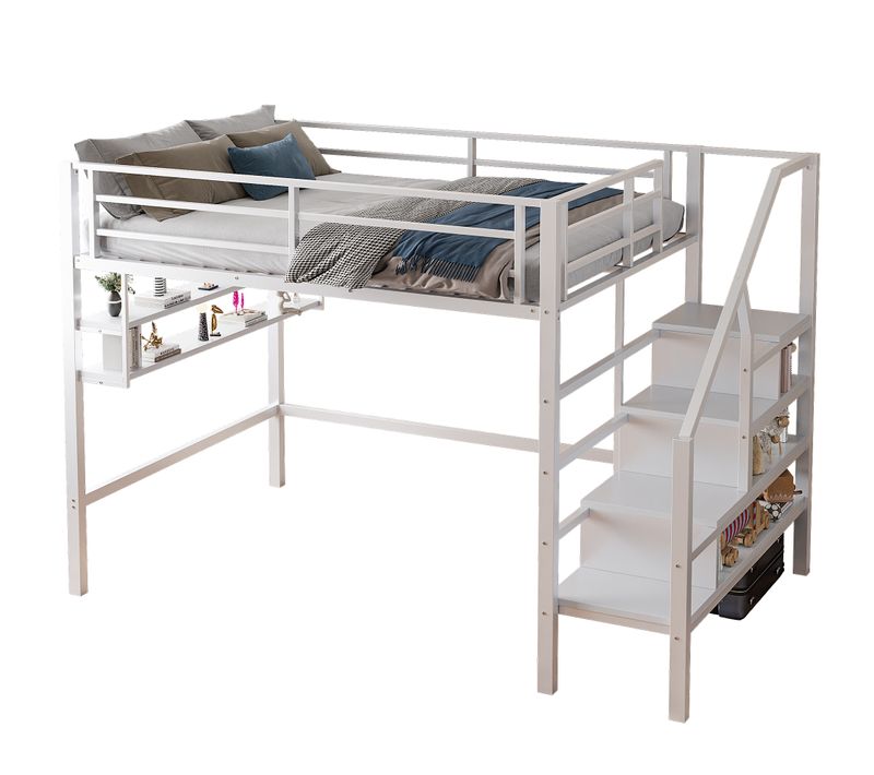 Lit Mezzanine Bois 140x200 Cm Avec Étagères Escalier Espace Dressing Rampe Blanc