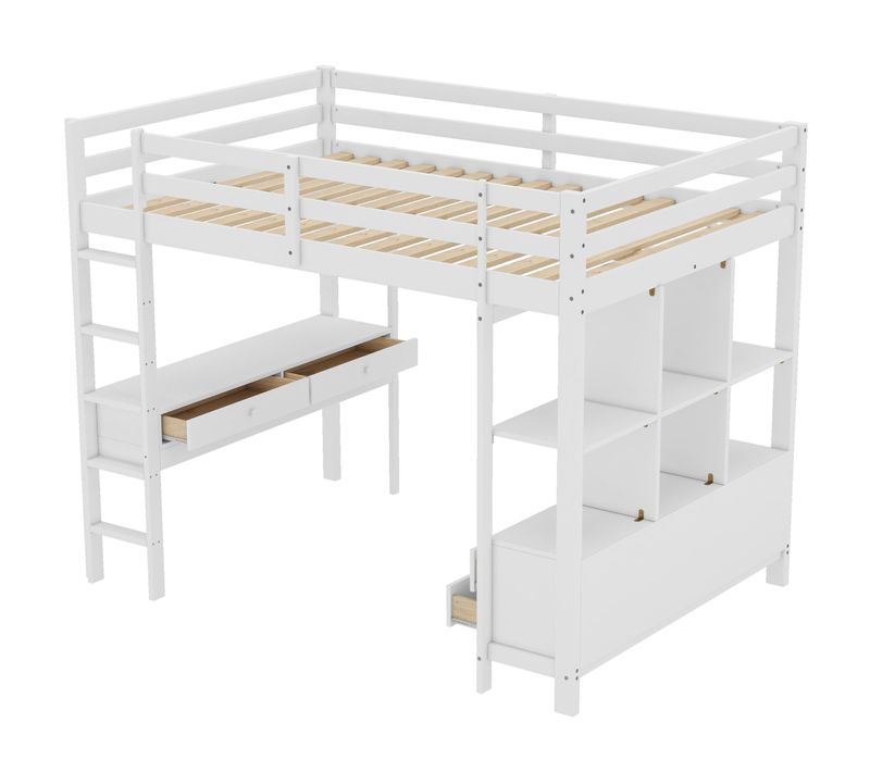 Lit Mezzanine Bois 140x200 Cm Avec Tiroirs Bureau Sous Lit Sans Matelas Blanc