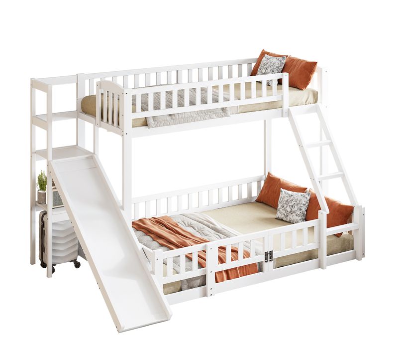 Lit Superposé En Bois De Pin 90x200 Et 140x200 Cm Avec Toboggan Et Étagères, Blanc