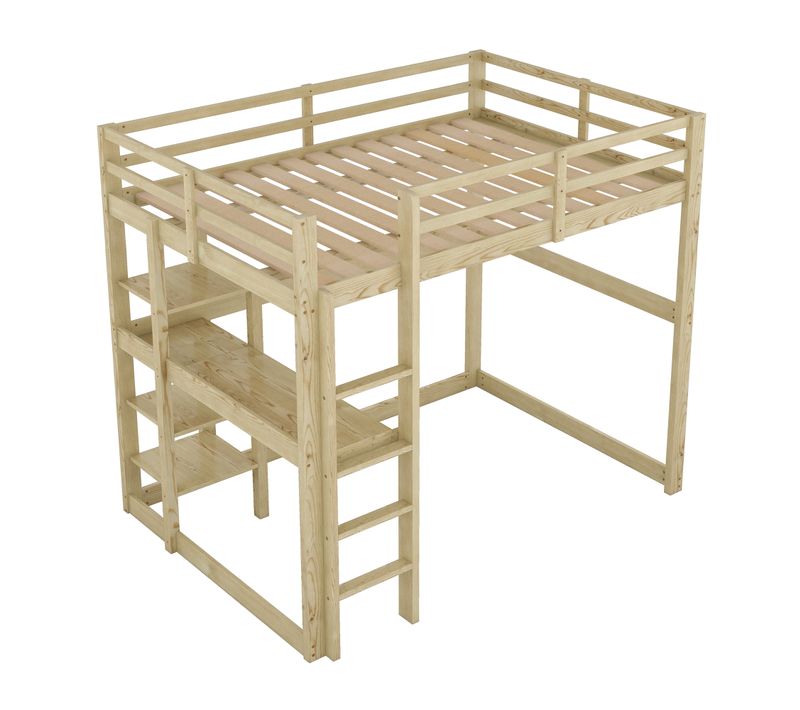 Lit mezzanine enfant 140×200 cm avec bureau et rangement, bois naturel, bois de pin et MDF