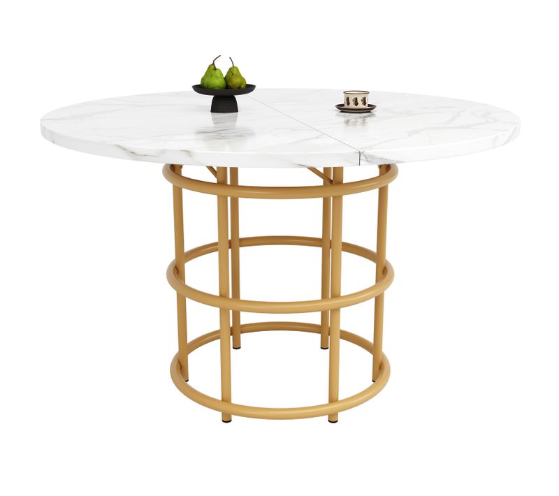Table Ronde 100x100x76 Cm, Pour 4-6 Personnes, Pieds En Anneau, Plateau Marbré Doré