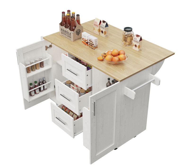 Îlot Cuisine Mdf Amovible Avec Roulettes, Plan Travail, Rangement Serviette, , Blanc