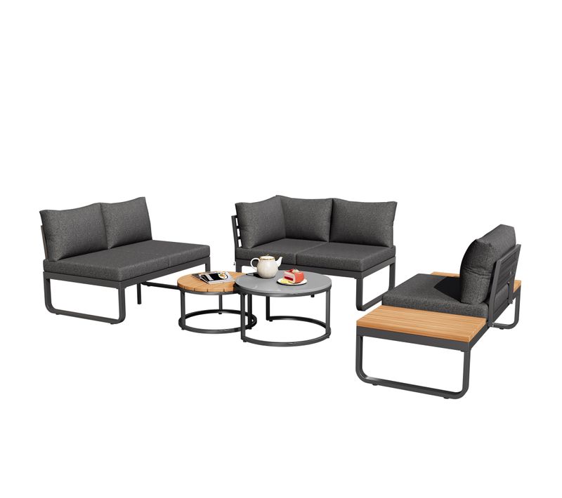 Salon De Jardin Métal Galvanisé 4-5 Places Avec 2 Tables Empilables, Coussins