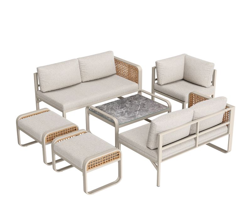 Ensemble De Meubles De Jardin, Canapé D'angle Avec Cadre En Fer Galvanisé, Pieds Réglables, Beige