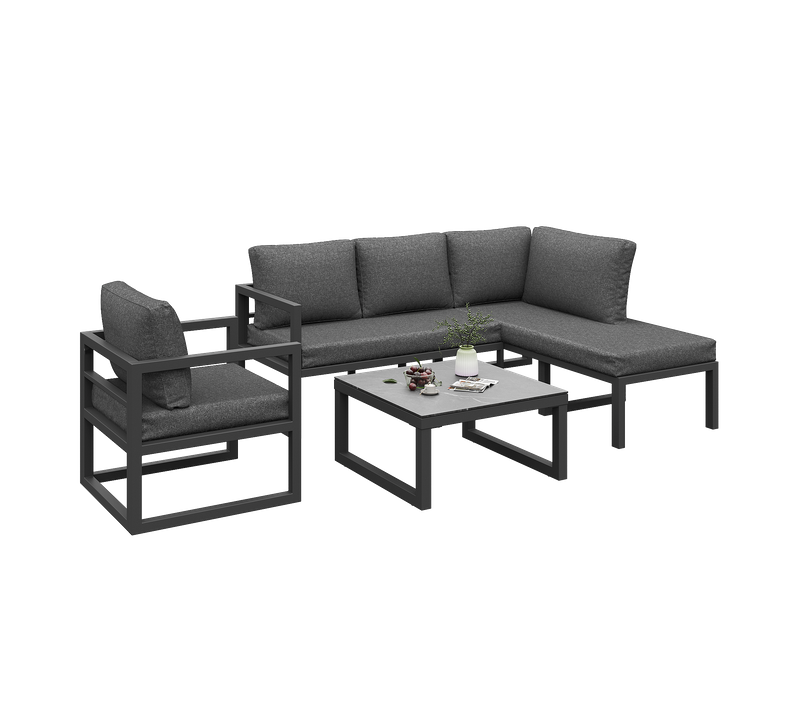 Salon De Jardin Corde Métal 4-5 Places Canapé D’angle, Pieds Réglables, Coussins