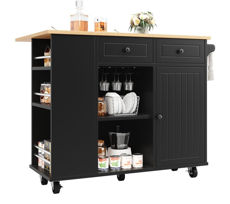 Îlot Mdf Avec Snack Intégré, Séparateurs Amovibles Et Plan Bois, , Noir