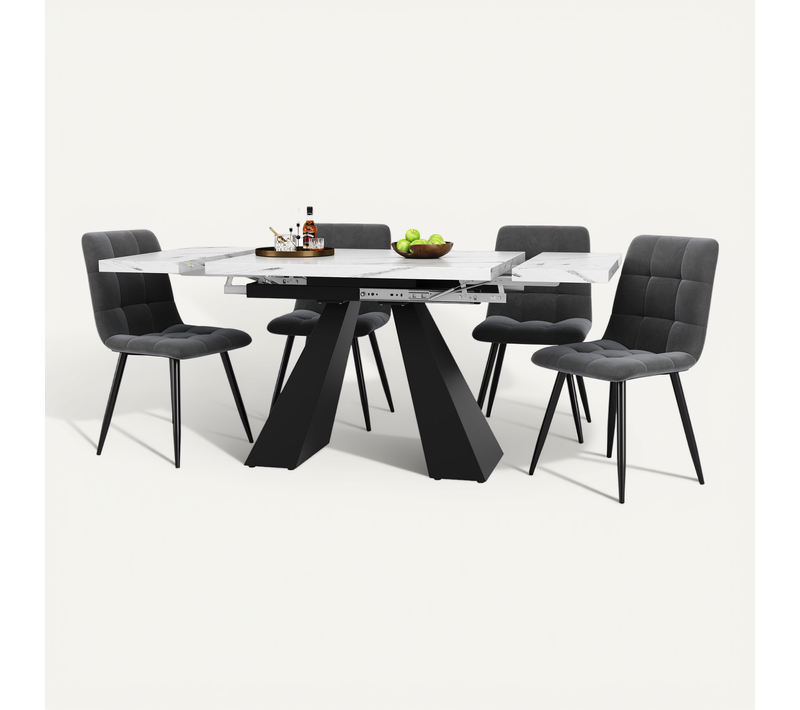 Ensemble Repas Mdf Métal 160×80×75 Cm Table Extensible Pieds Colonne ,blanc