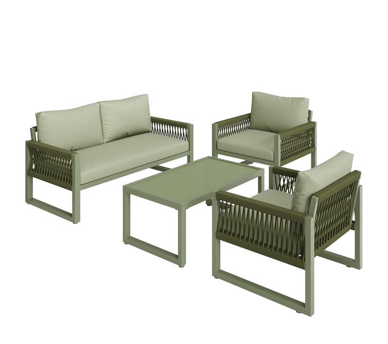 Salon De Jardin Corde Verte Métal 4 Pièces Table Verre, Pieds Réglables, Coussins