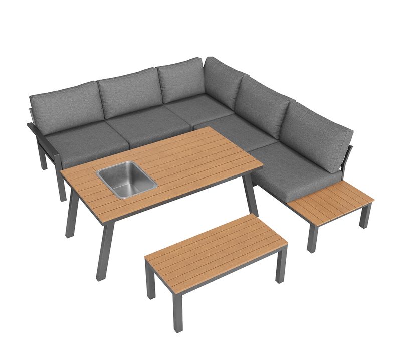 Salon De Jardin Métal 6-7 Personnes Table Avec Seau à Glace, Mobilier Repas